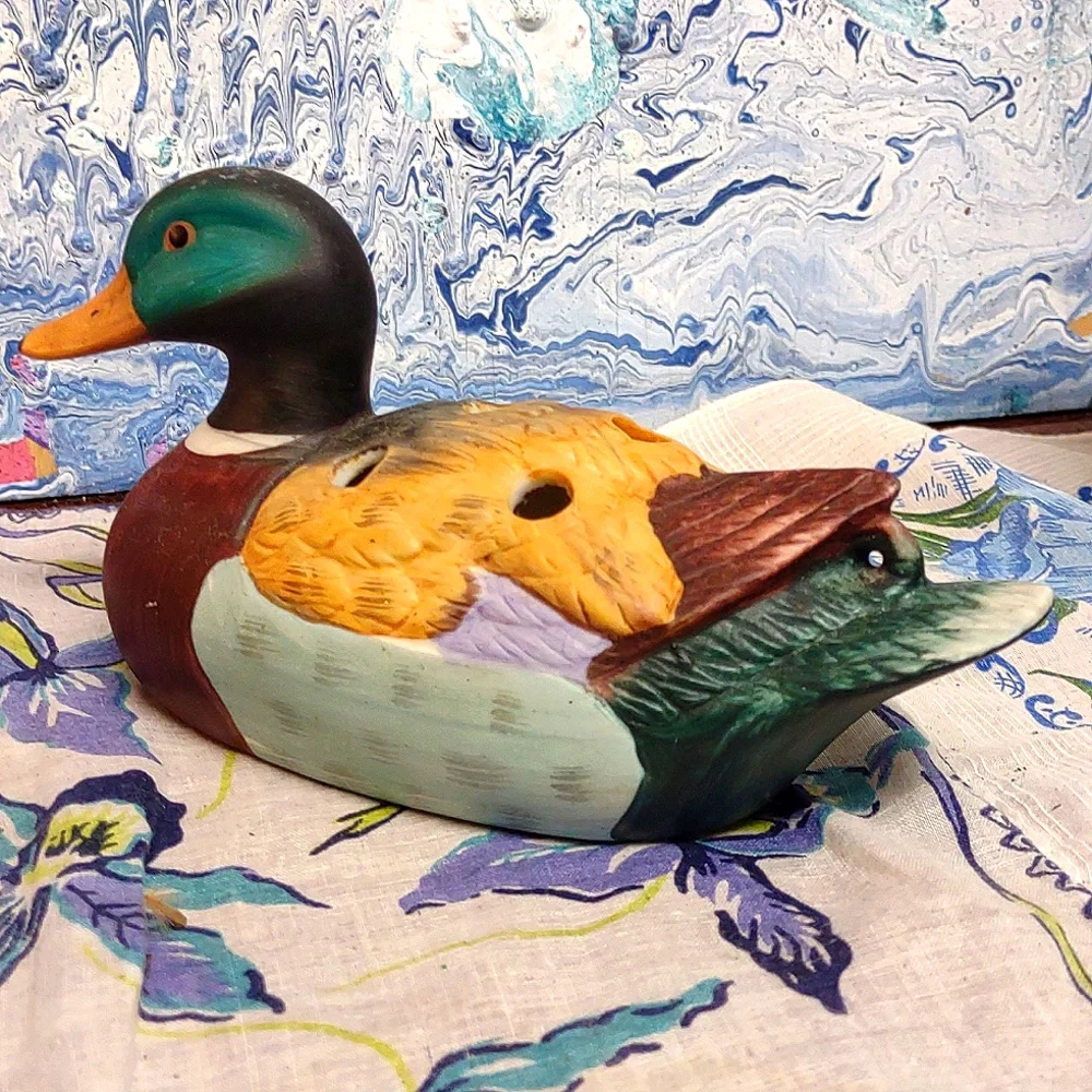 Porcelain Hand Painted Figural Mallard Duck Pencil Holder Vintage